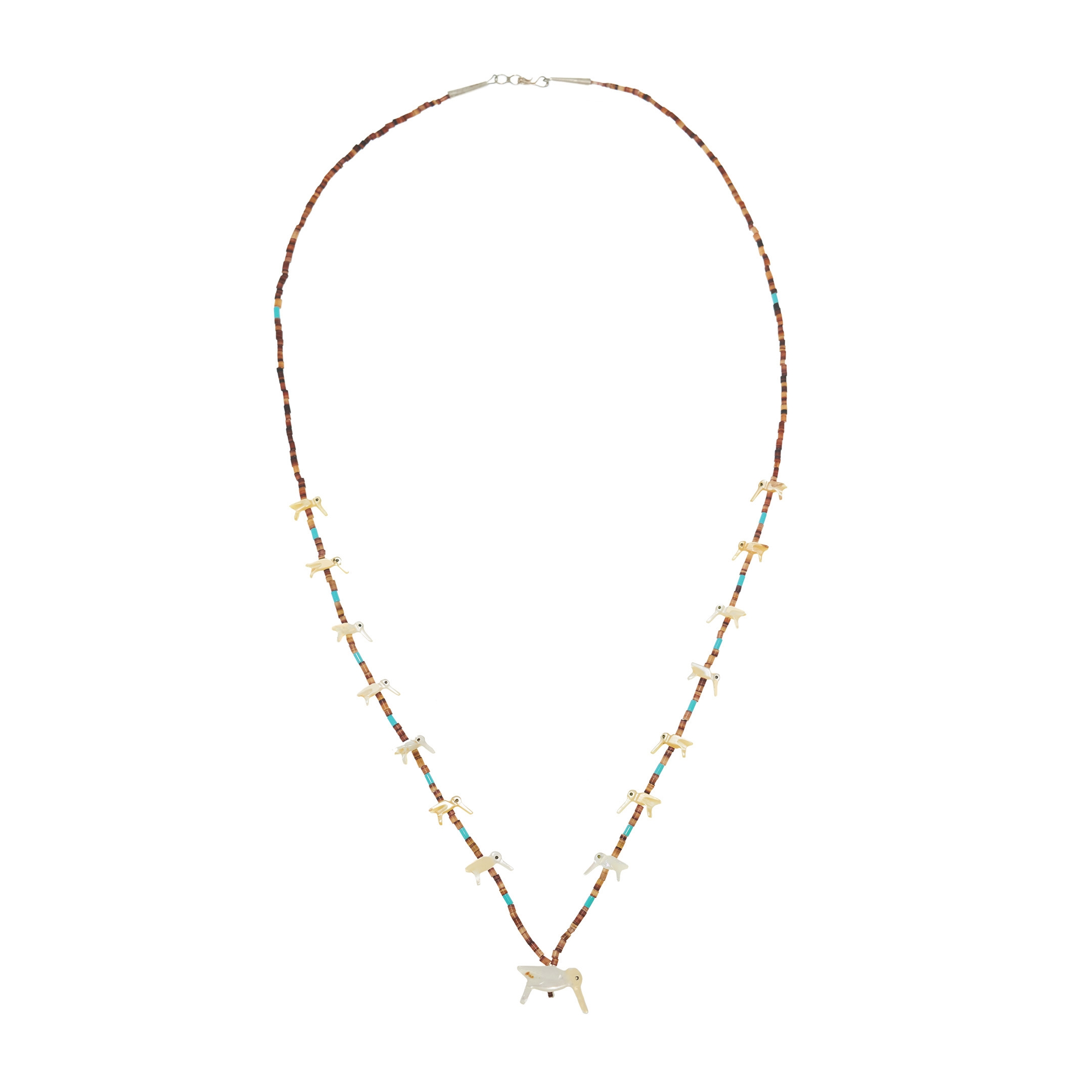 Fetishes Necklace, MOP carved Colibri animals, silver clasp. | Harpo Paris