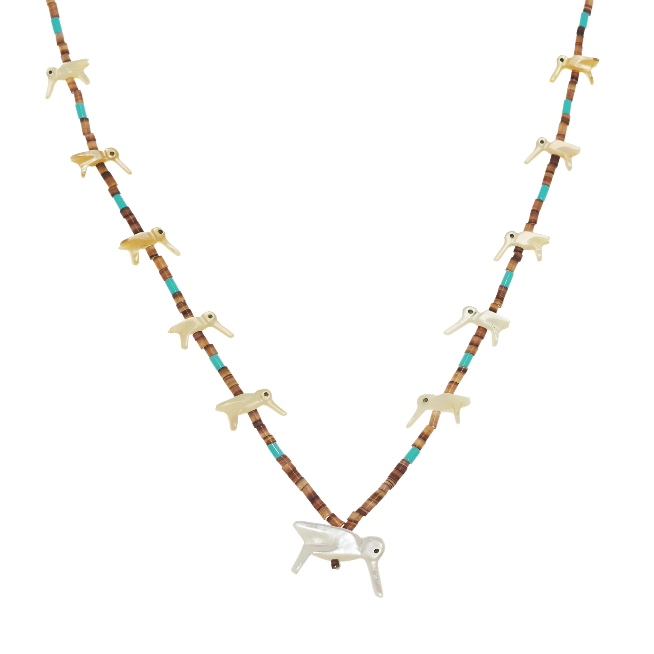 Fetishes Necklace, MOP carved Colibri animals, silver clasp. | Harpo Paris