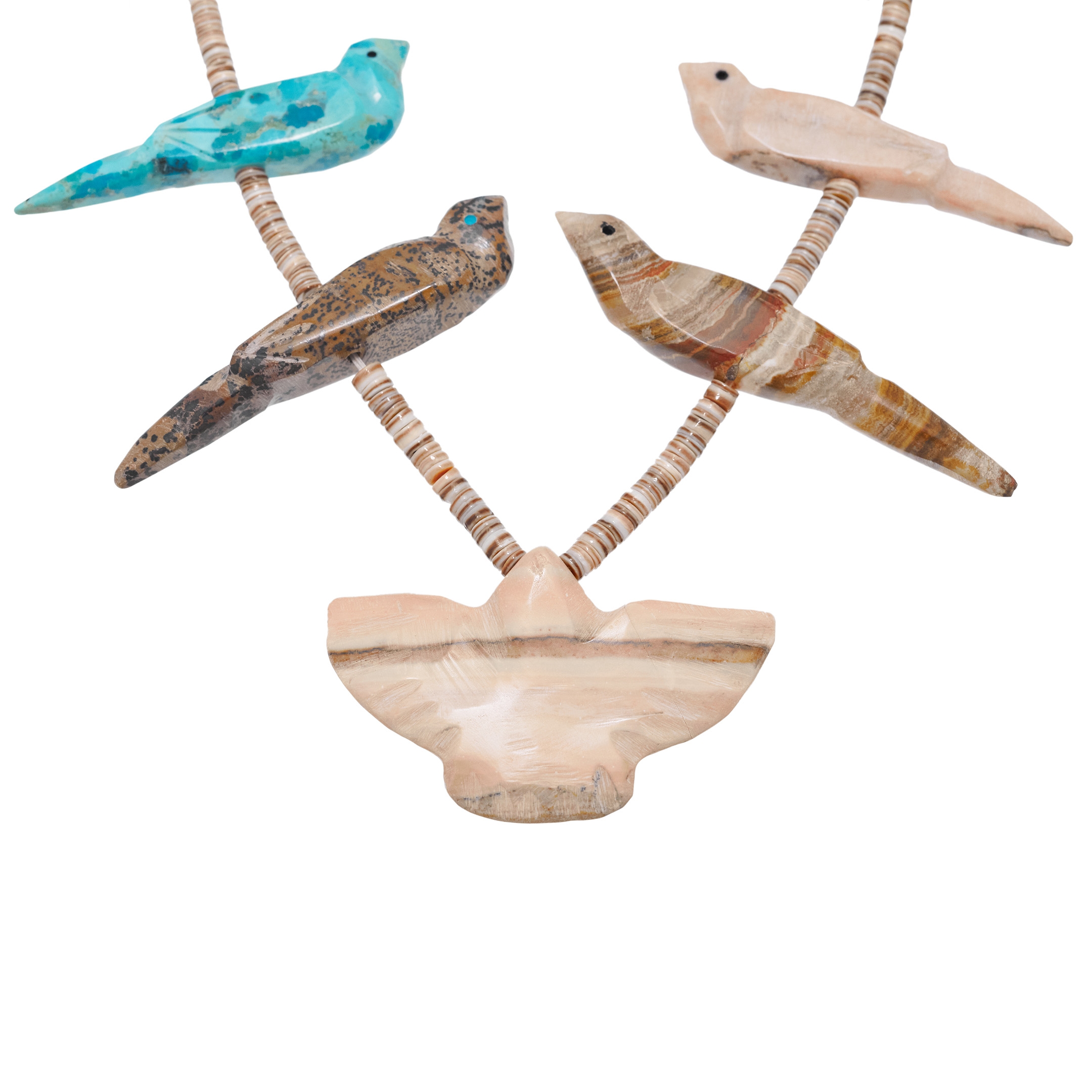 Fetishes necklace. Birds in stones, Heishi shell beads. - Harpo Paris