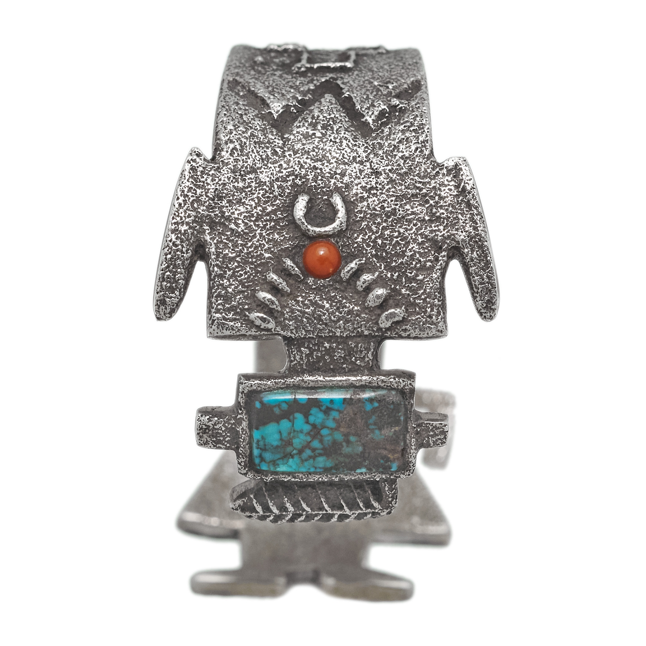 Bracelet Kachina en argent mat serti de turquoise et corail, MIS33 - Harpo Paris
