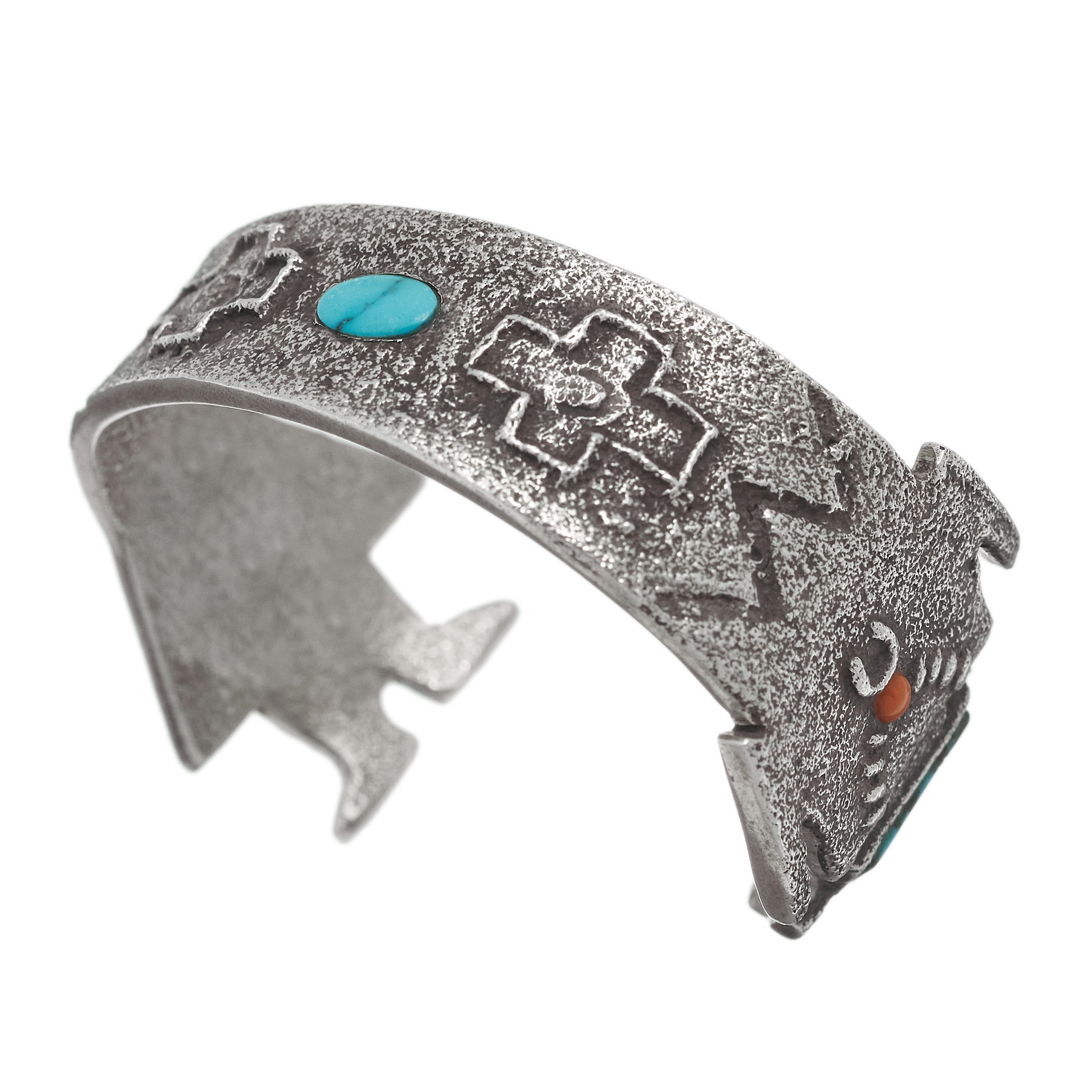 Bracelet Kachina en argent mat serti de turquoise et corail, MIS33 - Harpo Paris